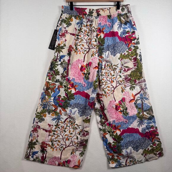 NWT Nicole Miller Wide Leg Pants Size XL 100% Linen European Flax Floral Coastal - Picture 2 of 9